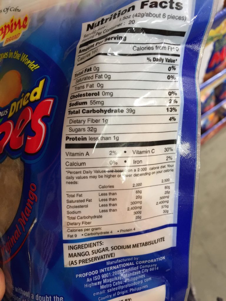 Philippine Brand Dried Mangoes Nutrition Facts Ingredients Serving Size