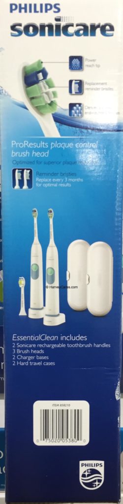 Philips Sonicare Essential Clean Rechargeable Toothbrush Side Panel What's Included Package Description