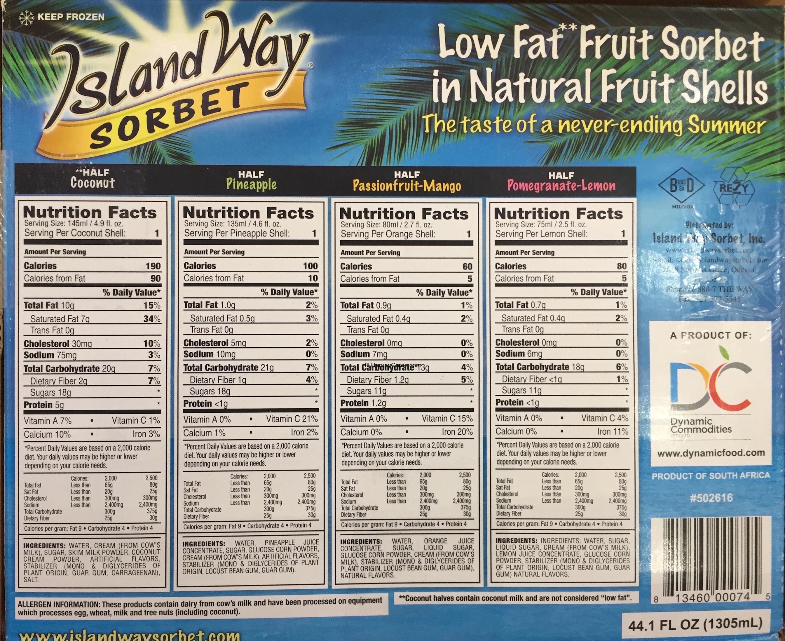 Island Way Fruit Shell Sorbet Ingredients List Nutrition Facts Product Desc...